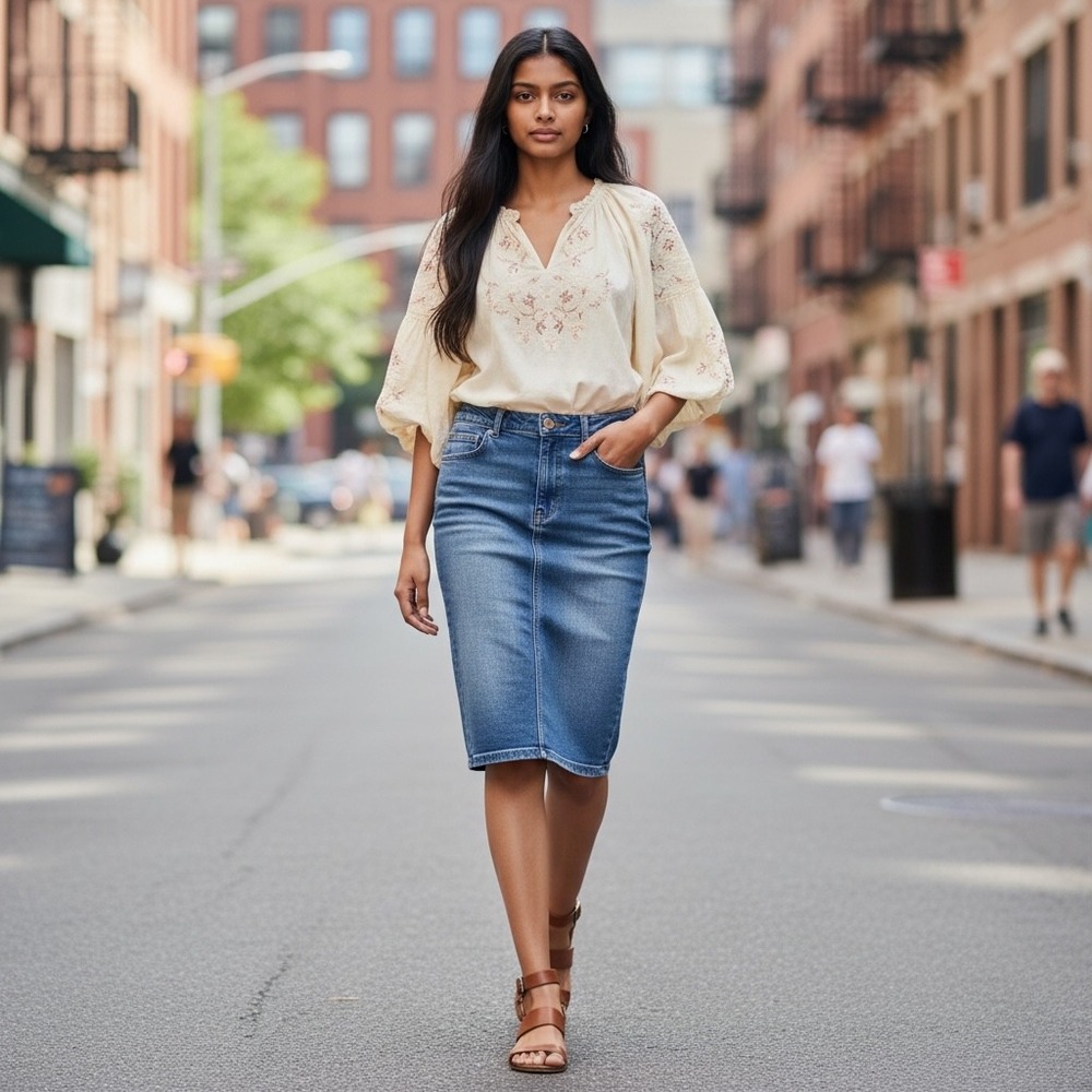 1822 Denim Womens 14 Medium Wash Blue Jean Pencil Skirt Knee Length Back Slit